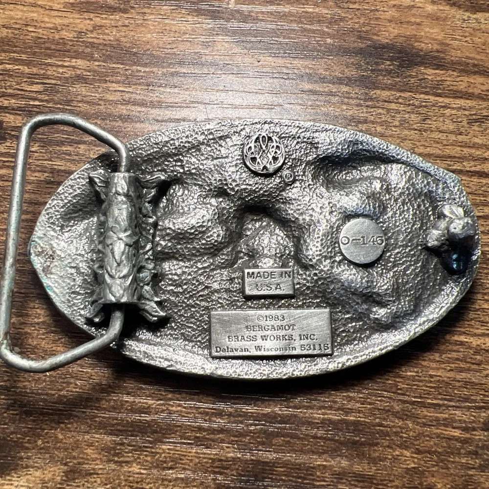 Vintage Bergamot Brassworks Belt Buckle Eagle W/Arrows Silver/Teal 0-146 USA1983